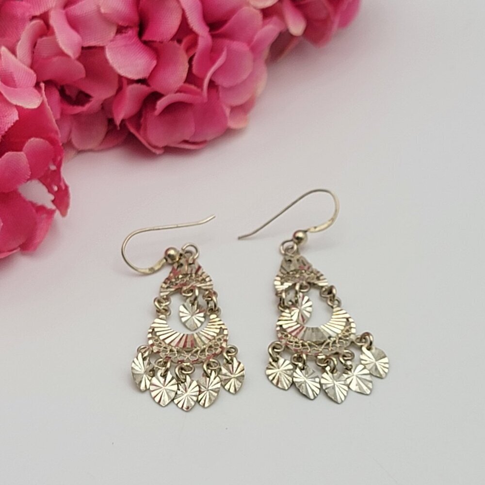 Vtg. NV 925 Sterling Silver Teardrop Filigree Dangle Earrings French Wire 1.25"